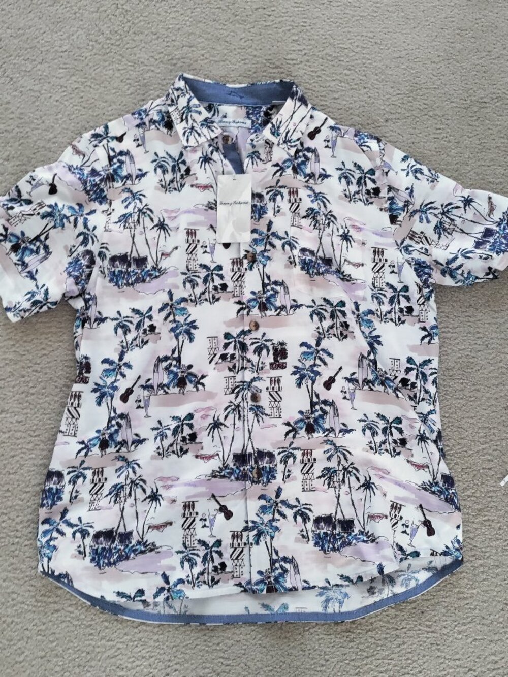 NWT Tommy Bahama L Fiesta Playa Mens Camp Shirt AOP Hula Girl Palm Trees